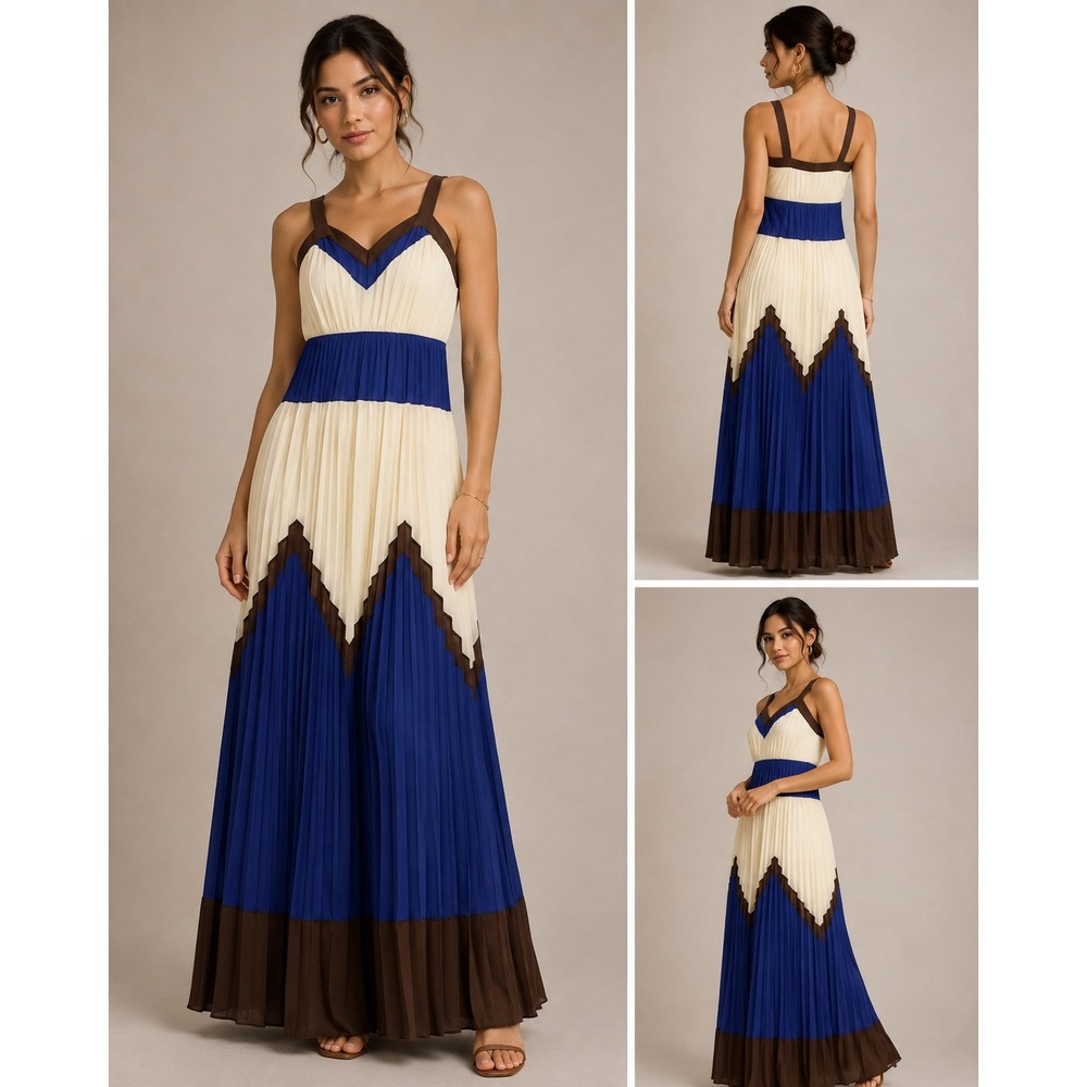 Milly Maxi Dress Womens 6 Blue Cream Brown Excellent Pleated Chevron Colorblock